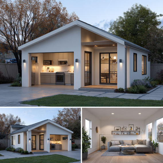 A split-view rendering of a JADU interior with a kitchenette and the exterior of the single-family home it's integrated into.