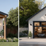 A split-screen illustration showing a room conversion ADU on the left and a garage conversion ADU on the right, for an affordable build.