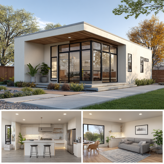 A split-view rendering of a detached ADU, showing a modern exterior in a backyard and a stylish, light-filled interior.
