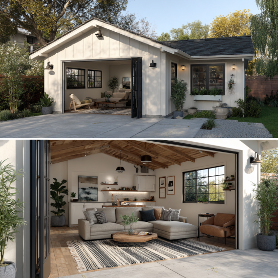 A split-view rendering of a garage conversion ADU, showing the exterior and the modern interior designed by an adu builder in California.