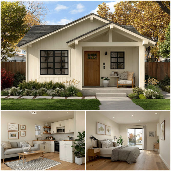 Split-view of a Granny Flat ADU, showing the exterior with a garden and a cozy, functional interior.