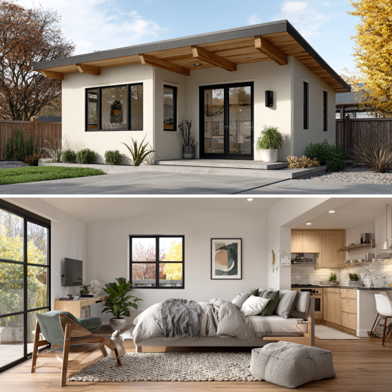 An interior visualization of a spare bedroom converted into a cost-effective ADU with a kitchenette and living area.