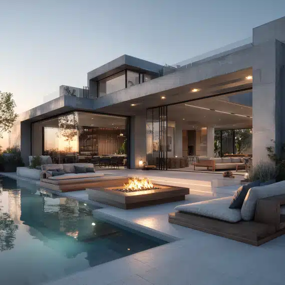 A luxury custom home in LA with floor-to-ceiling glass walls and a seamless indoor-outdoor transition to a pool patio.
