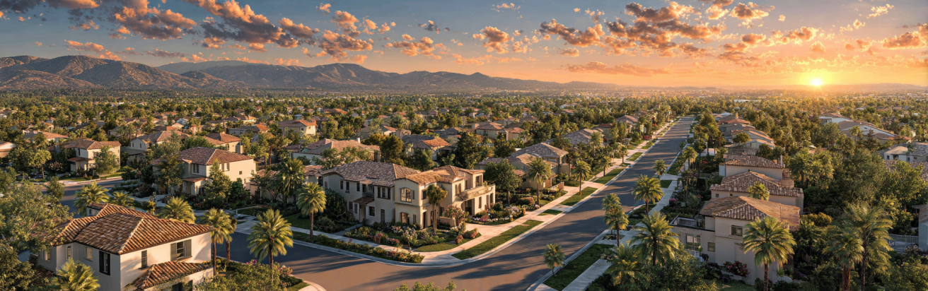 Aerial view of a sunny suburban neighborhood in Orange County, California, showing large residential lots with newly built ADUs.