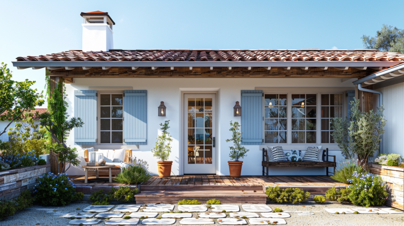 Photorealistic small coastal cottage home in Newport Beach, CA, showing white exterior and light blue shutters