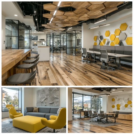 Modern California office interior highlighting corporate identity through colors, graphics, and unique decorative elements.