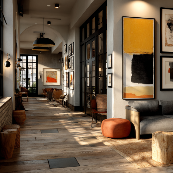 A side-by-side comparison of a commercial interior emphasizing brand identity and a residential space with personal decor.