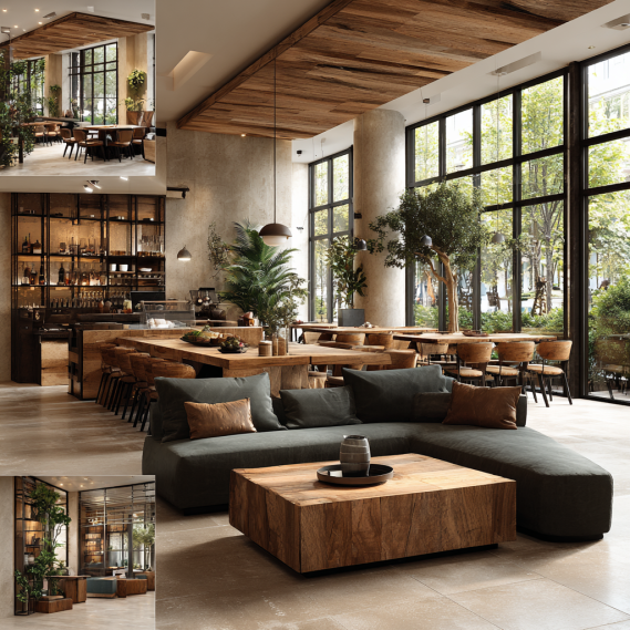 Photorealistic rendering of commercial interior design, showing a cozy modern café and an elegant office space.