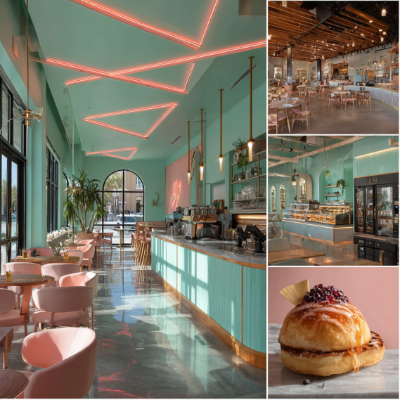 California contemporary commercial interior design collage featuring modern office, café, and boutique spaces.