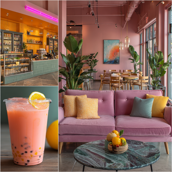 A collage of commercial interior design styles, including a bubble tea café, fashion boutique, and modern office.