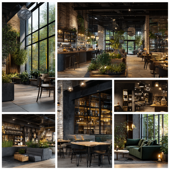 A collection of diverse commercial interior design renderings, including a café, boutique, office, and restaurant.