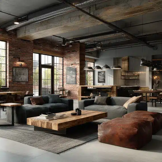 Industrial office interior with exposed red brick walls, steel beams, and visible piping.
