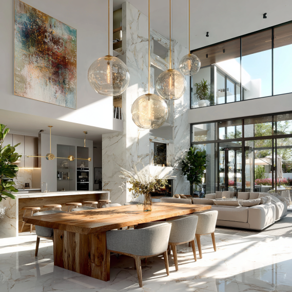 A bright and stylish luxury home interior in Los Angeles with double-height ceilings and modern artwork.