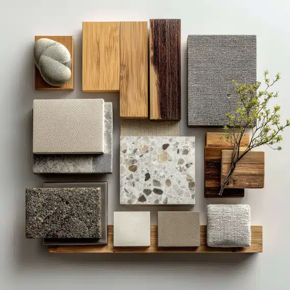 A collection of high-quality healthcare interior design materials including wood, stone, fabrics, and tiles on a design board.