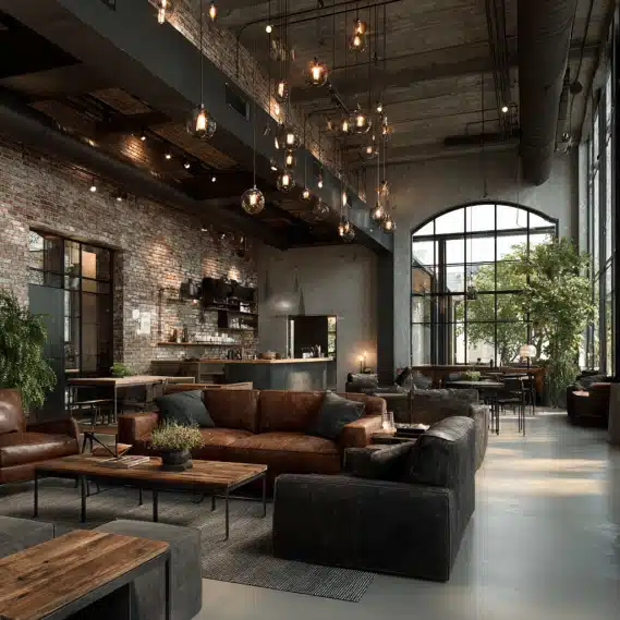 Industrial interior design for an office space with exposed brick walls and concrete floors.