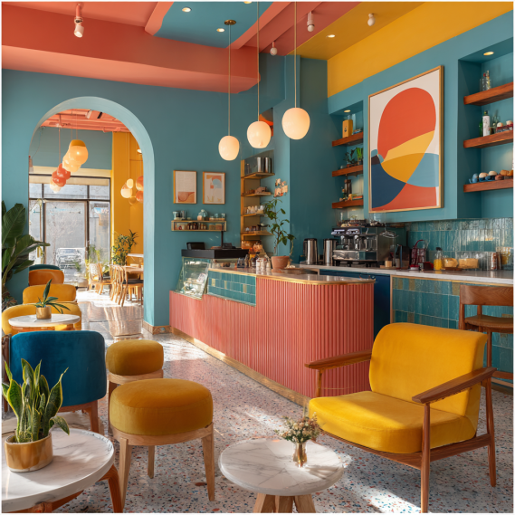 A vibrant, modern Korean café interior in Los Angeles with bold colors and playful elements.