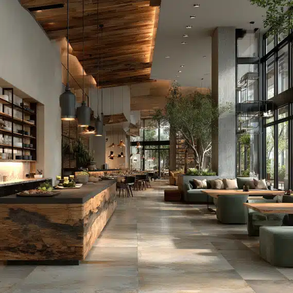 Interior design of a luxury hotel lounge with velvet upholstery and brass accents.