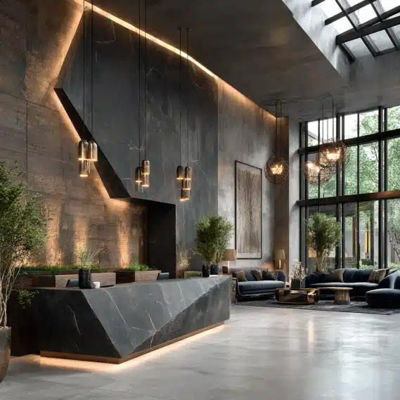 A modern luxury hotel reception area with a stylish front desk, brass accents, and deep-toned velvet seating.