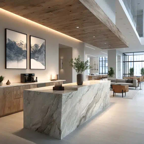 Luxury commercial office interior design in Los Angeles with an open layout and glass partitions.