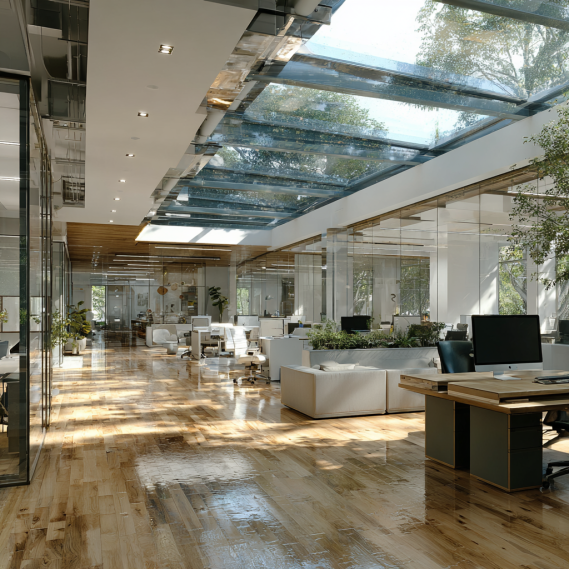 Modern California office interior flooded with natural daylight from large windows and integrated plants.