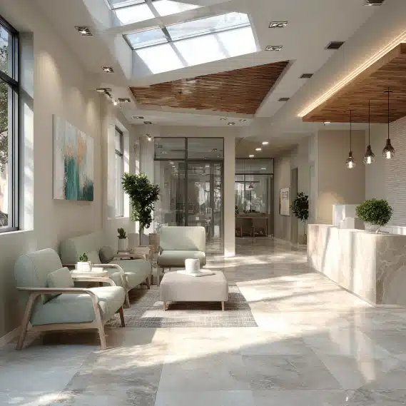 Modern healthcare interior design of a medical clinic with bright natural lighting and a soft neutral color palette.