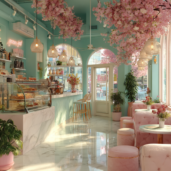 Modern Korean café interior with pastel colors, decorative hanging lights, and plush seating.