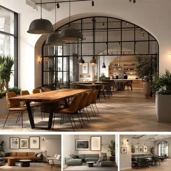 A modern commercial interior design with a stylish open layout, combining retail and office elements.