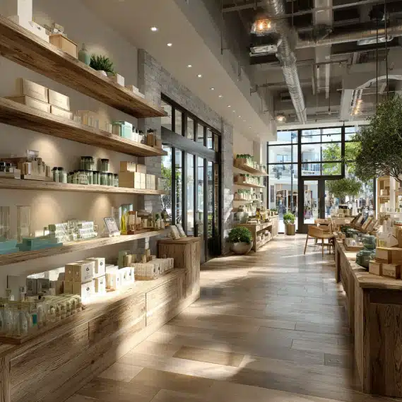 Modern retail interior design with clear customer pathways and stylish display shelves.