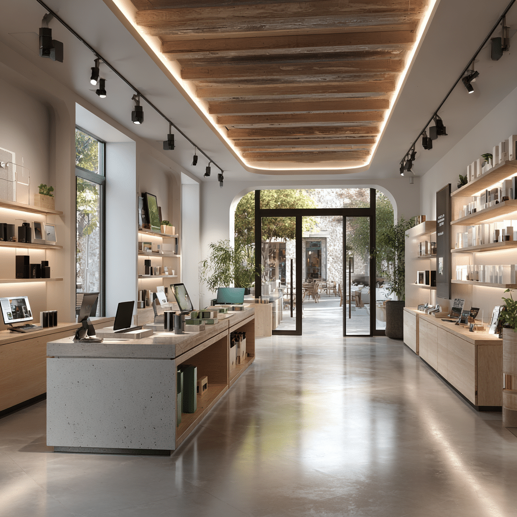 Modern retail interior design with polished concrete floor, minimalistic shelving, and sleek metal accents.