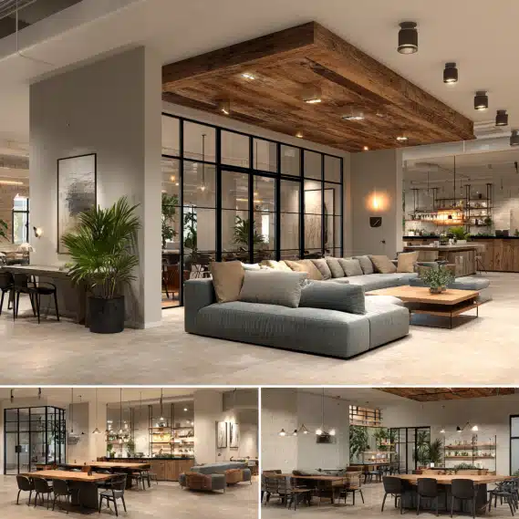 Commercial interior design with soft neutral color palette, warm lighting, and elegant glass partitions.
