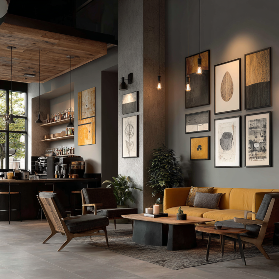 Cinematic composition showing the contrast between a professionally branded commercial interior and a personal residential living space.
