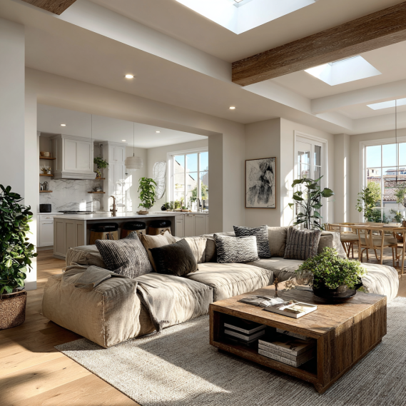 Photorealistic rendering of a luxurious yet cozy residential living room in a Los Angeles custom home.