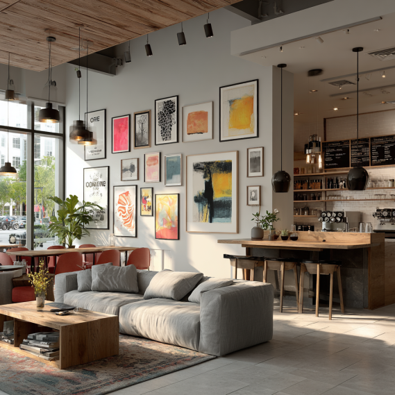 Modern retail or hospitality interior with strong branding through colors, signage, and strategic lighting.