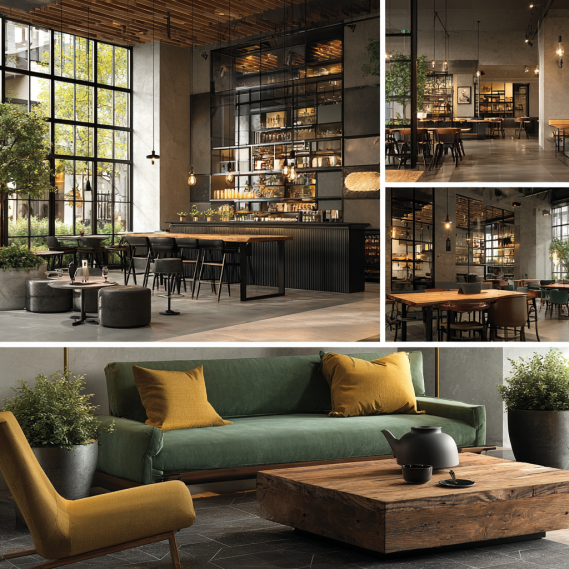 A stylish retail boutique with glass displays and a contemporary restaurant with artistic decor.