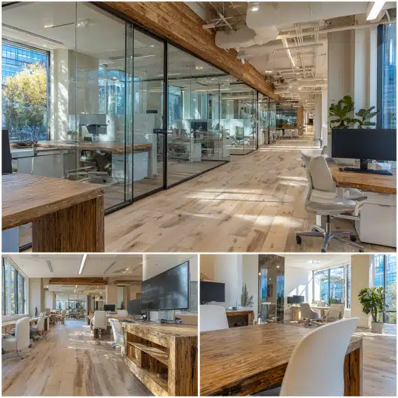 A modern office interior design with sustainable wood desks, glass partitions, and ergonomic furniture, embodying a California modern aesthetic.