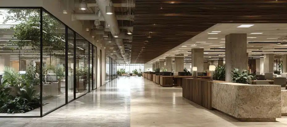 Comparative photorealistic rendering of a tech-style open office and a traditional corporate office for commercial interior design.