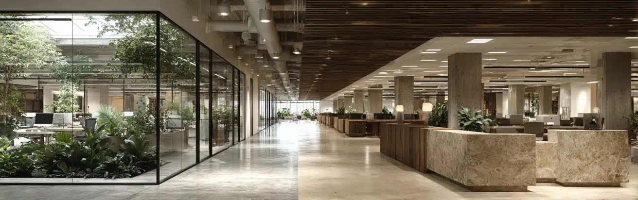 Comparative photorealistic rendering of a tech-style open office and a traditional corporate office for commercial interior design.
