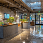 Trendy retail store interior in California with colorful display shelves, polished concrete floors, and natural daylight from skylights.