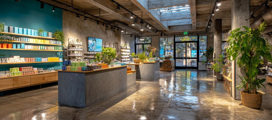 Trendy retail store interior in California with colorful display shelves, polished concrete floors, and natural daylight from skylights.