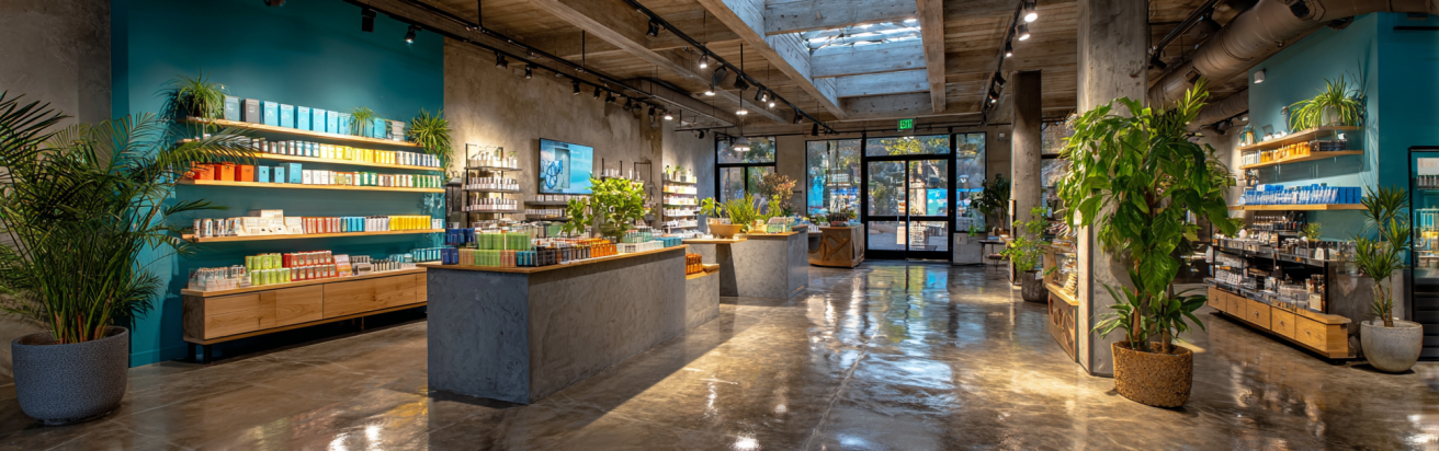 Trendy retail store interior in California with colorful display shelves, polished concrete floors, and natural daylight from skylights.