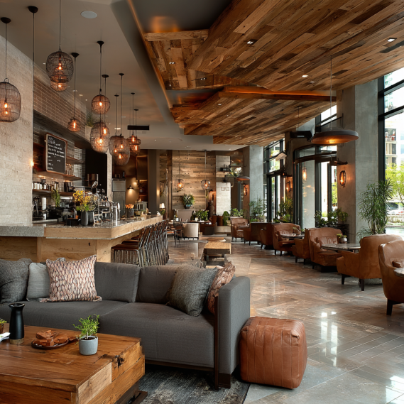 Upscale California café or hotel lobby interior with warm natural materials and decorative lighting.
