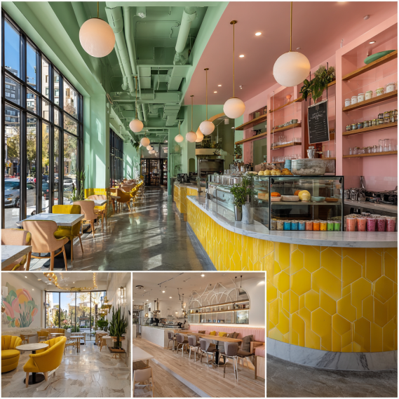 A collage of commercial interior design styles, including a bubble tea café, fashion boutique, and modern office.