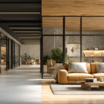 A split-view image contrasting a modern commercial office interior with a cozy residential living room.