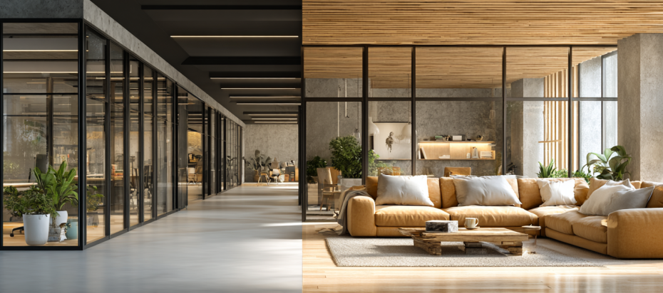 A split-view image contrasting a modern commercial office interior with a cozy residential living room.