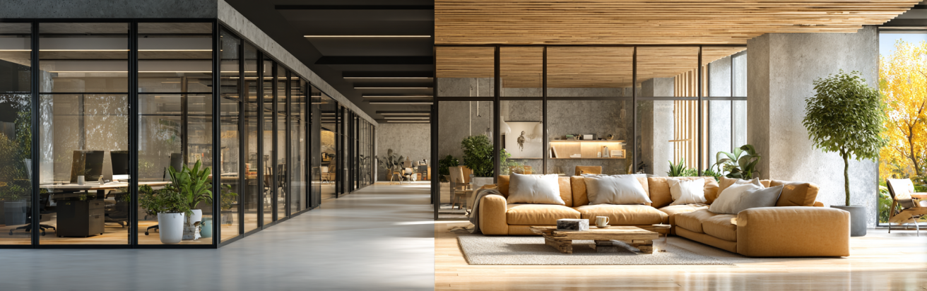 A split-view image contrasting a modern commercial office interior with a cozy residential living room.