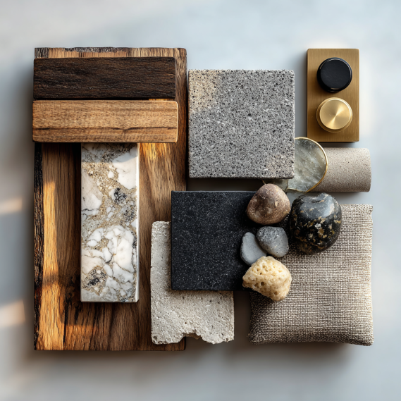 Designer flat lay of luxury building materials including oak wood, marble, quartz, and brass fixtures for custom homes in Los Angeles.