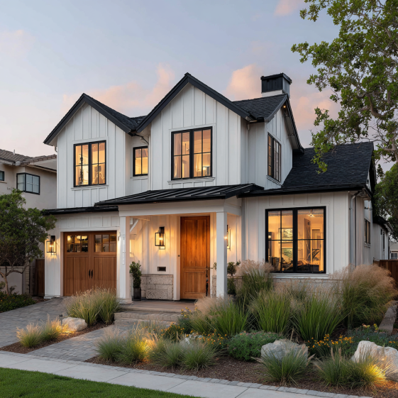 Exterior of a white board-and-batten modern farmhouse, a custom-designed home in Newport Beach