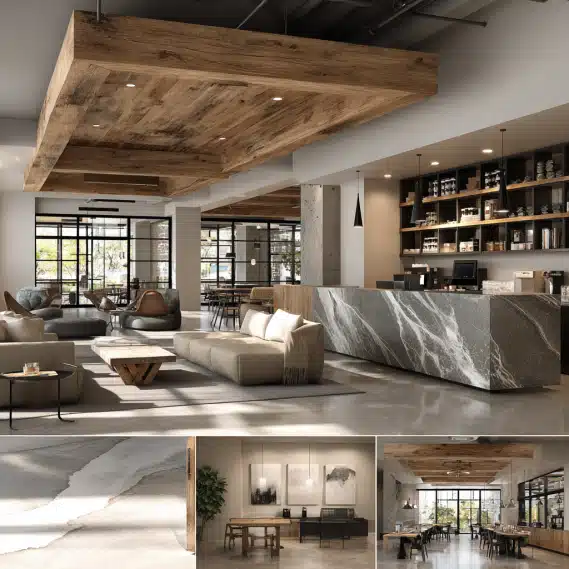 Commercial interior design concept with a cohesive color palette reflecting strong business brand identity.
