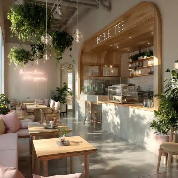 Cozy bubble tea shop interior in Buena Park with wooden tables, soft lighting, and neutral tones.
