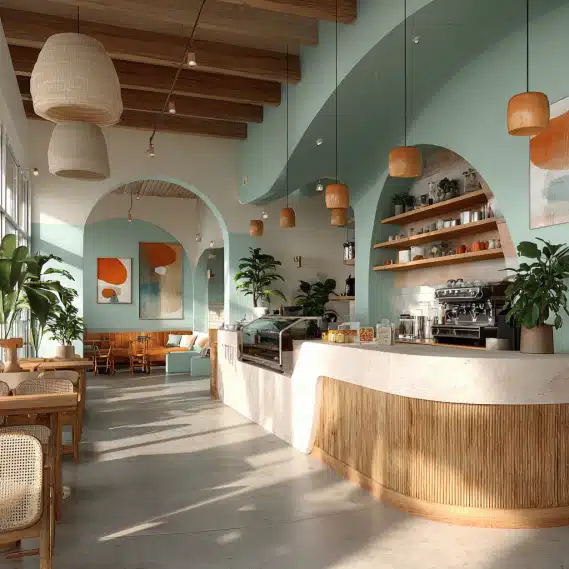 Bright and cheerful coffee shop interior design with wooden furniture and pastel colors, ideal for a commercial Buena Park business.